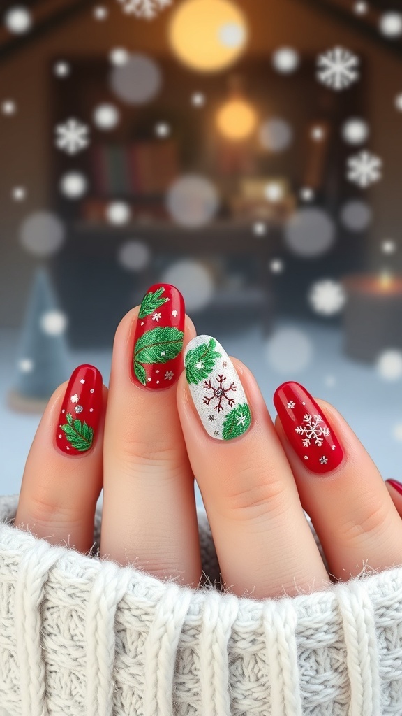 Festive squoval nails in red and green with Christmas designs and glitter.